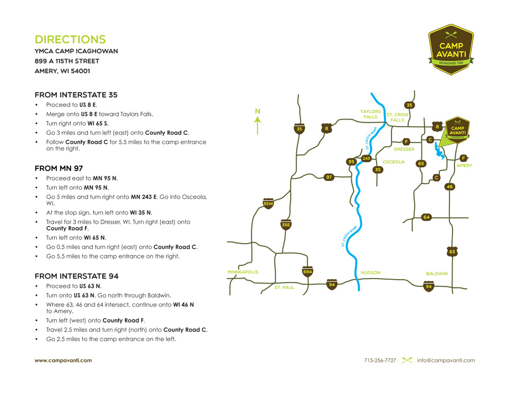 Camp Avanti Directions and Map